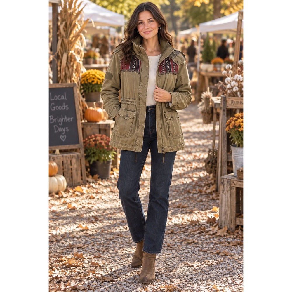 Dylan by True Grit Womens Olive Green Southwestern Utility Jacket Camo Hood